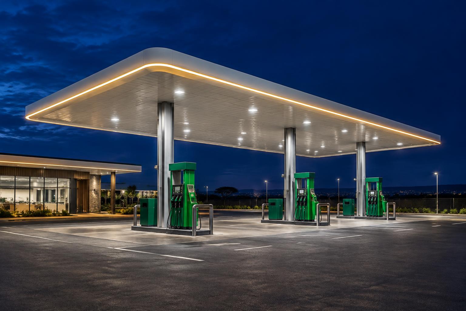 Modern fuel station with emerald pumps and illuminated canopy